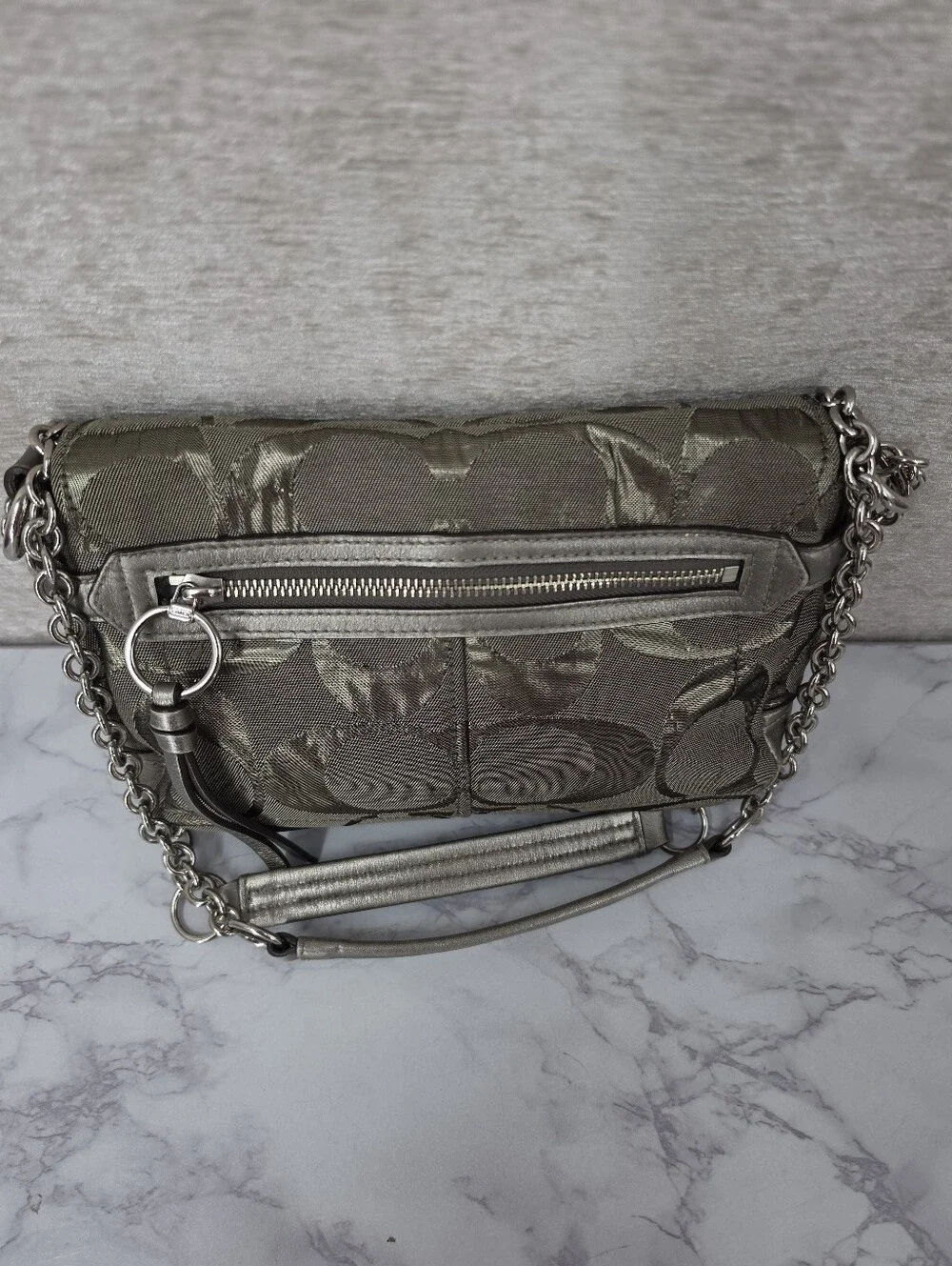 Coach Signature Canvas Jacquard Shoulder Bag in Metallic Pewter Chain Straps